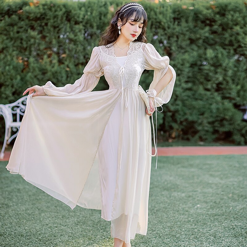 flowersverse Back to school outfit French Vintage Lace Fairy Dress Romantic Woman Apricot Lace Lantern Sleeve Long Maxi Dresses Princess Party Night Vestido Festa