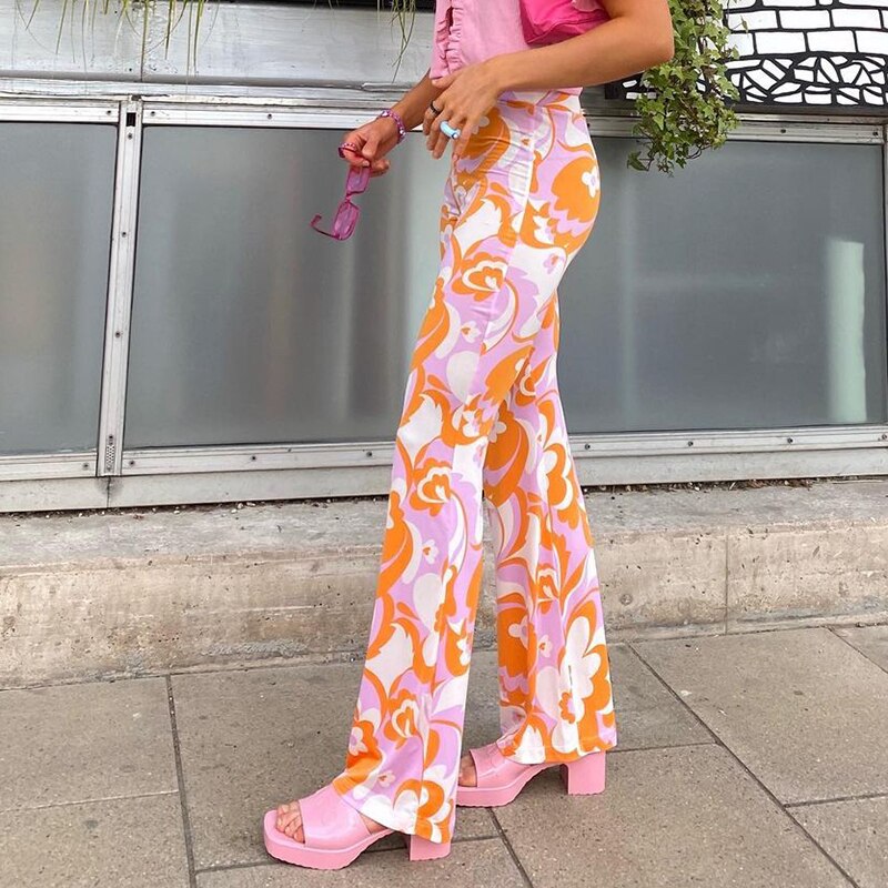 flowersverse Bohemian Style Floral Pants Holiday Slim High Waisted Trousers Vintage Elastic Waist Wide Lege Pants Women Harajuku-0519