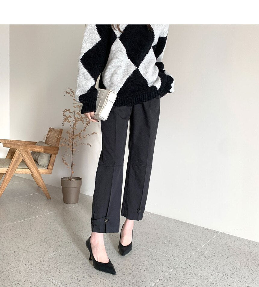 flowersverse Argyle Sweater Patchwork Pullovers Spring Women Clothing Vintage Knitted Fashion O-Neck Black Casual Long Sleeve