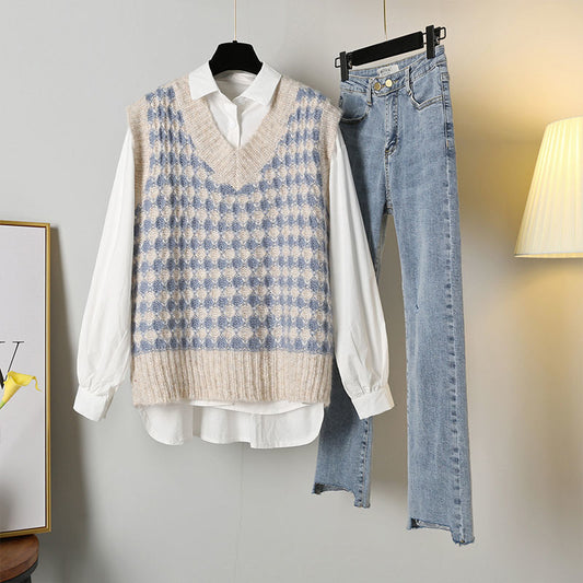 Women Sets 3 Pieces Outfits Plus-size 3XL Elegant Fashion Office Ladies Simple All-match Shirt Retro Knitted Vest Straight Jeans