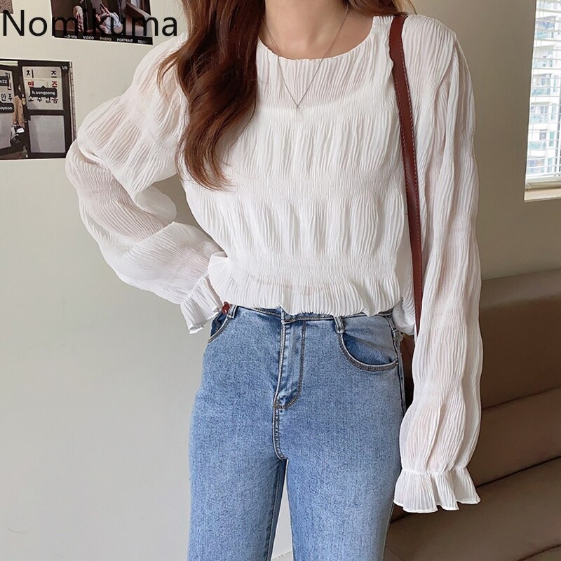 flowersverse Blusas Mujer Autumn New Korean Shirt O Neck Long Sleeve Elegant Blouse Women Solid Color Casual Fashion Tops 3c798