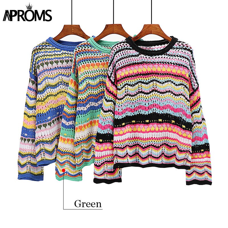 flowersverse Back To School Christmas Gift Aproms Elegant Rainbow Stripe Knit Sweater Autumn Women's Pullovers Casual Long Sleeve Hollow Out Jumper Streetwear Fashion Top