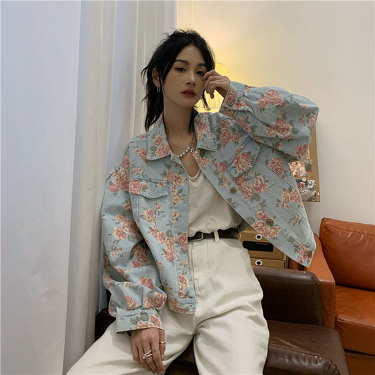flowersverse Back to school outfit Retro Temperament Floral Denim Jacket Women Short Style Spring Autumn New Flower Print All-Match Single-Breasted Coats