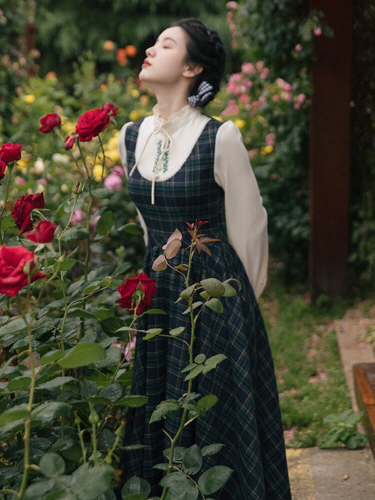 flowersverse Back to school outfit Autumn Cottage Style Plaid Dress Vintage Mori Girl Embroidery Large Size Retro Woman Dresses Preppy Vestido Festa Robe Femme
