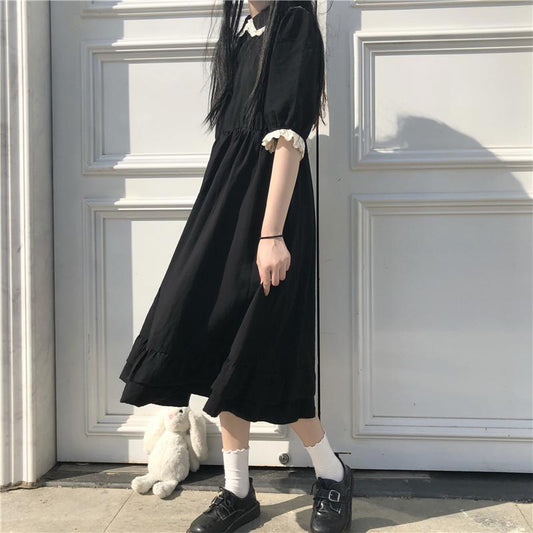 flowersverse Autumn Black Kawaii Lolita Style Dress Mori Girl Fairy Cute Lolita Peter Pan Collar Puff Sleeve Dress Fashion Women