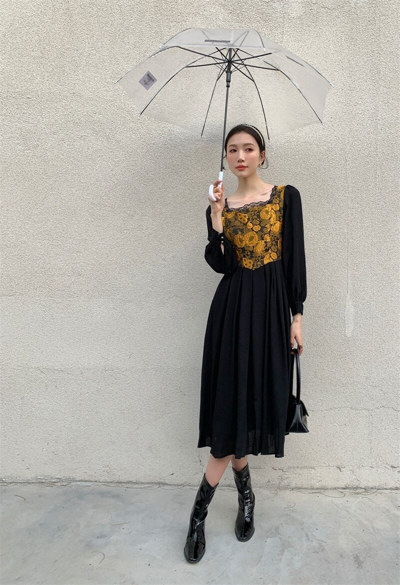 flowersverse Back to school Korean Fashion Black Dress Woman Streetwear Women Modern Vintage Print Floral Patchwork Dresses For Party Night Vestido Negro