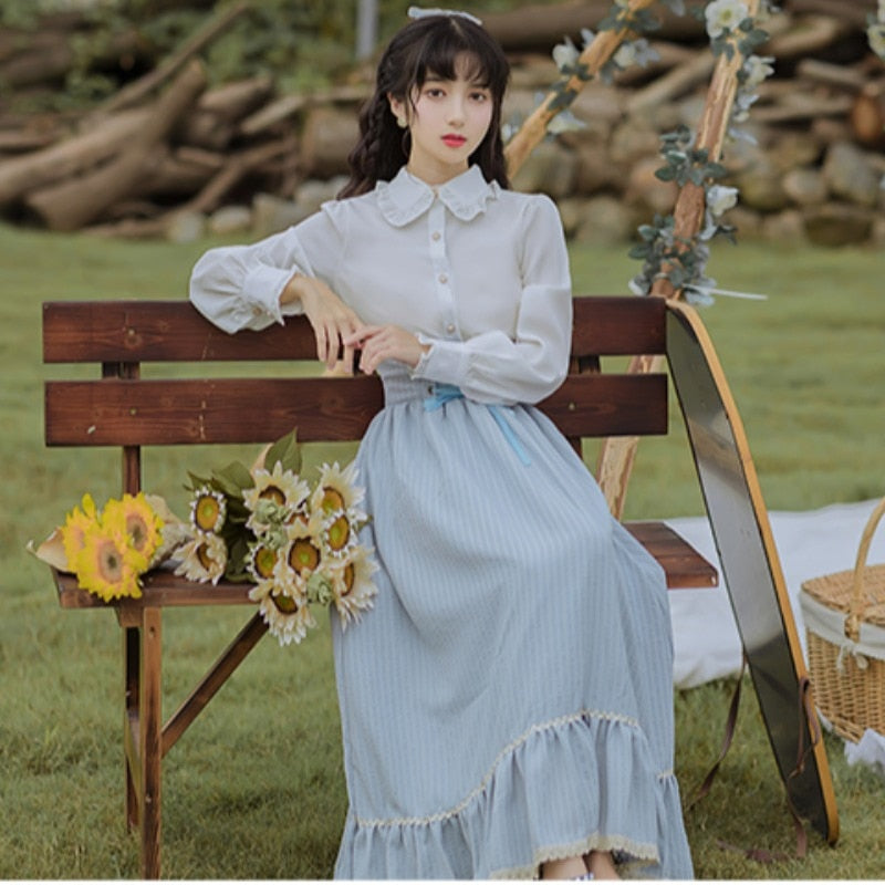 flowersverse Back to school outfit Elegant Lolita 2 Piece Sets Womens Outfits Vintage Peter Pan Collar Lantern Sleeve White Shirt And Bandage Stripe Long Skirt