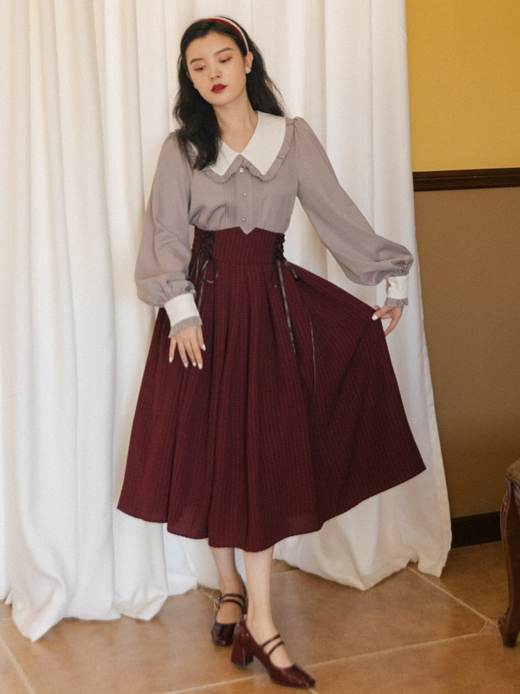 flowersverse Back to school 2 Colors Modern Vintage Style Lady Outfits Sweet Peter Pan Collar Lantern Sleeve Shirt & Bandage Elastic Plaid Skirt Sets Woman