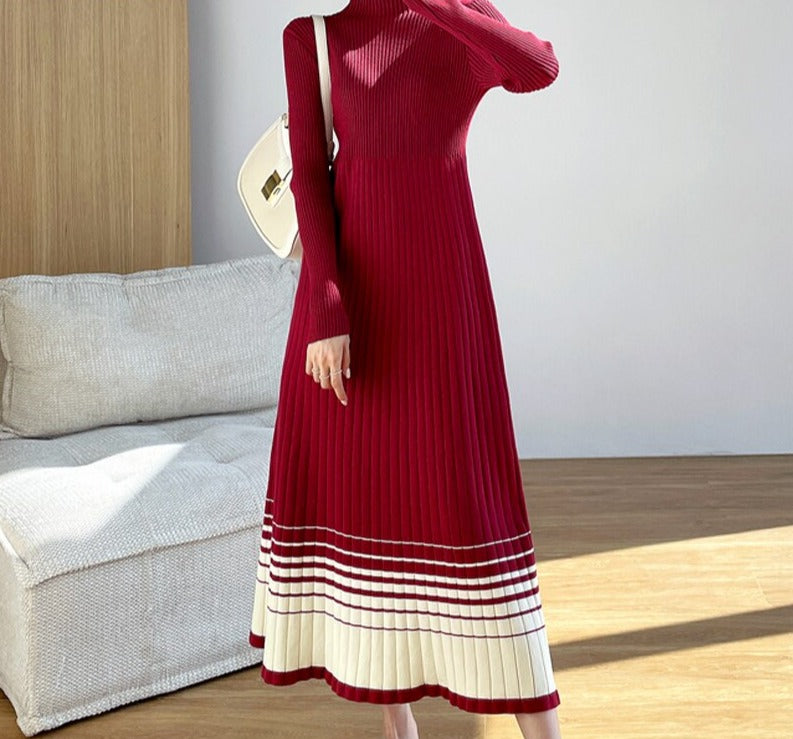 flowersverse Autumn Winter Half Turtleneck Women Dress Long Sleeve A-line Female Sweater Dress Ladies Knitting Vestidos