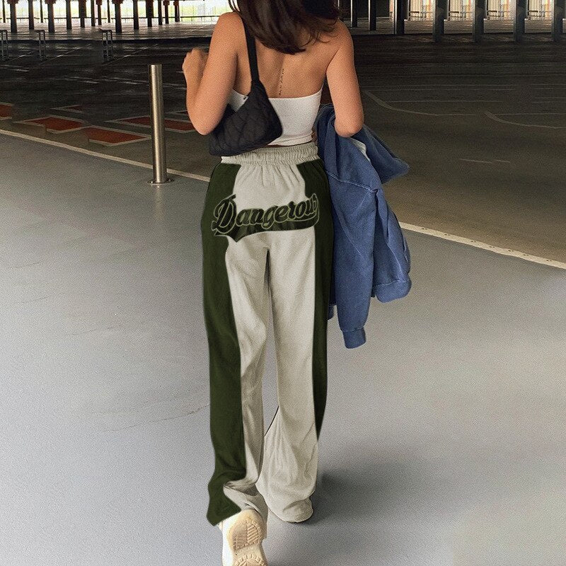 flowersverse Autumn Winter Wide Leg Pants Women Casual Print Letter Blue Casual Fashion Vintage High Waist Oversized Trouser