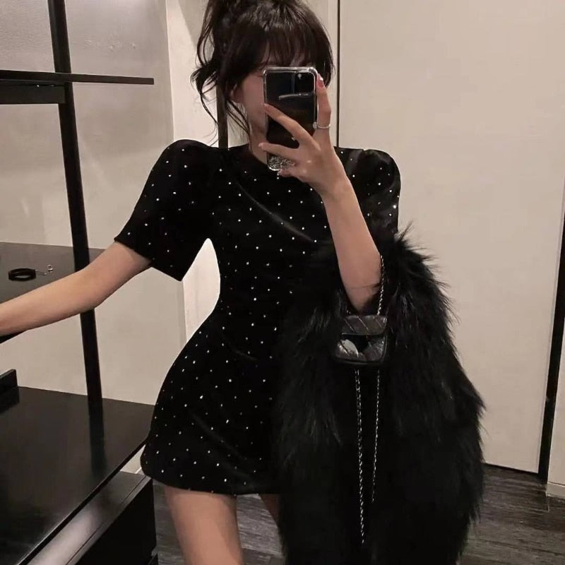 flowersverse Black Corduroy Dress Women Summer New O Neck Short Sleeve Slim Waist Chic Mini Dresses Casual Vintage Vestidos Mujer