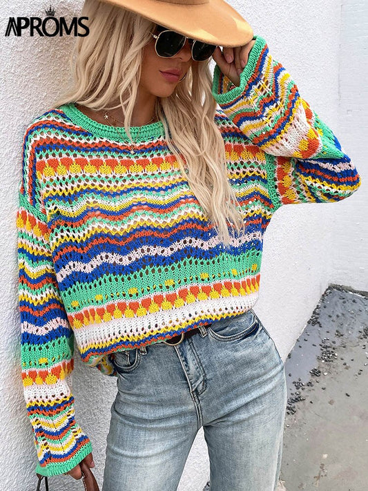 flowersverse Back To School Christmas Gift Aproms Elegant Rainbow Stripe Knit Sweater Autumn Women's Pullovers Casual Long Sleeve Hollow Out Jumper Streetwear Fashion Top