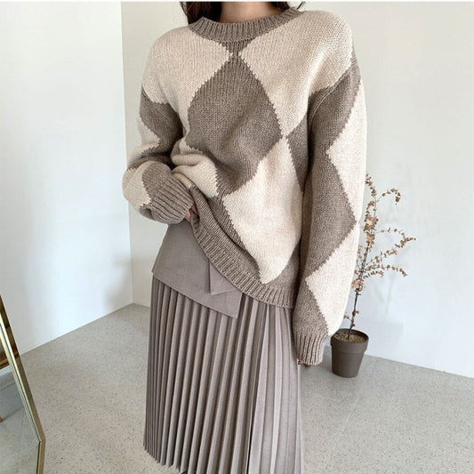 flowersverse Argyle Sweater Patchwork Pullovers Spring Women Clothing Vintage Knitted Fashion O-Neck Black Casual Long Sleeve