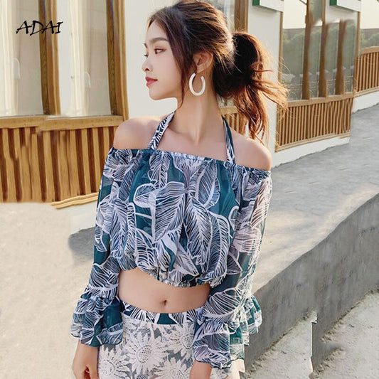 flowersverse 3 Piece Bikini Set Summer Bathing Suits Sexy High Waist Women Swimwear Bikini Sports Swimsuit Cover Up with Skirt Beachwear