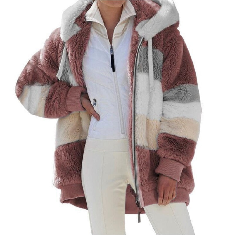 flowersverse Autumn Winter Plush Coat Loose Long Sleeve Color Matching Hooded Z Zipper Coat Women