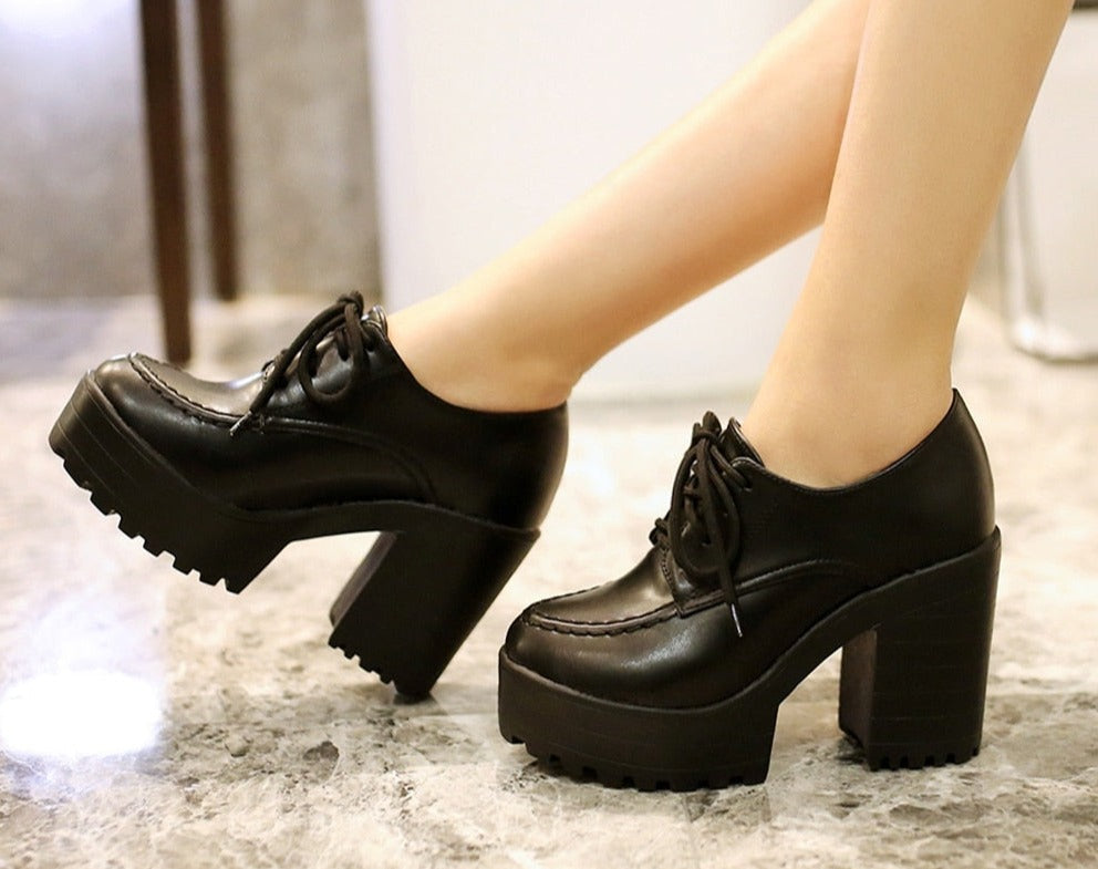 flowersverse Fashion New Lace-Up Platform Comfortable Shoes Woman Pumps Female Chunky High Heels Concise Pumps Women Shoes