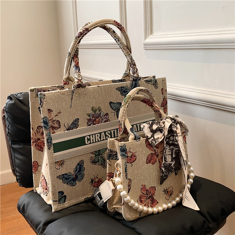 flowersverse Back to school Embroidery Fabric Luxury Designer Large Tote Handbags For Women Fashion Brand Small Ladies Shoulder Crossbody Bags