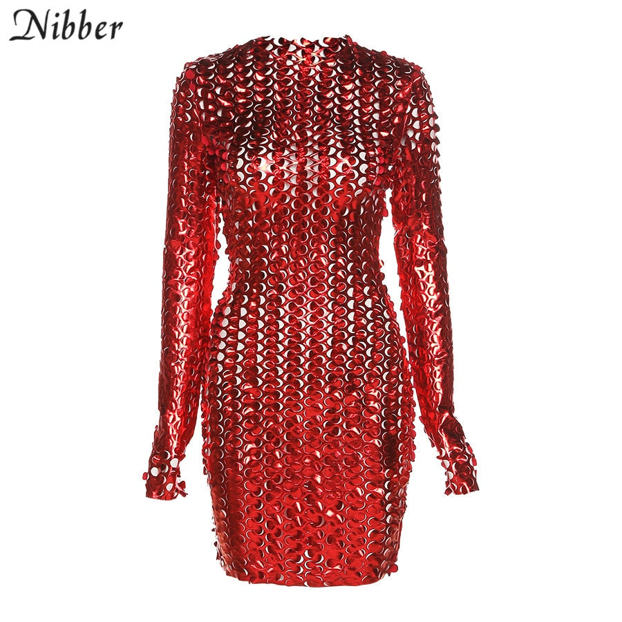 Fashion Weave Cross Hollow Shining See-through Mini Dresses Backless Ruched Club Long Sleeve Mesh Dress Summer -0519