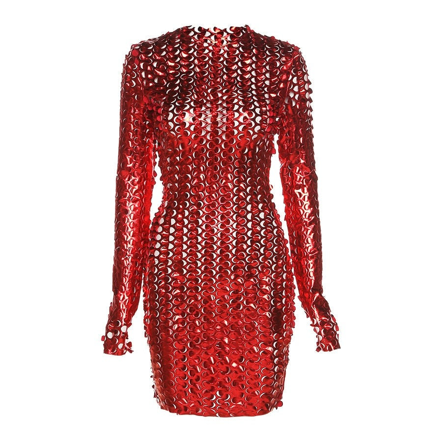 Fashion Weave Cross Hollow Shining See-through Mini Dresses Backless Ruched Club Long Sleeve Mesh Dress Summer