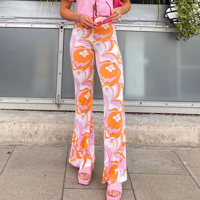 flowersverse Bohemian Style Floral Pants Holiday Slim High Waisted Trousers Vintage Elastic Waist Wide Lege Pants Women Harajuku-0519