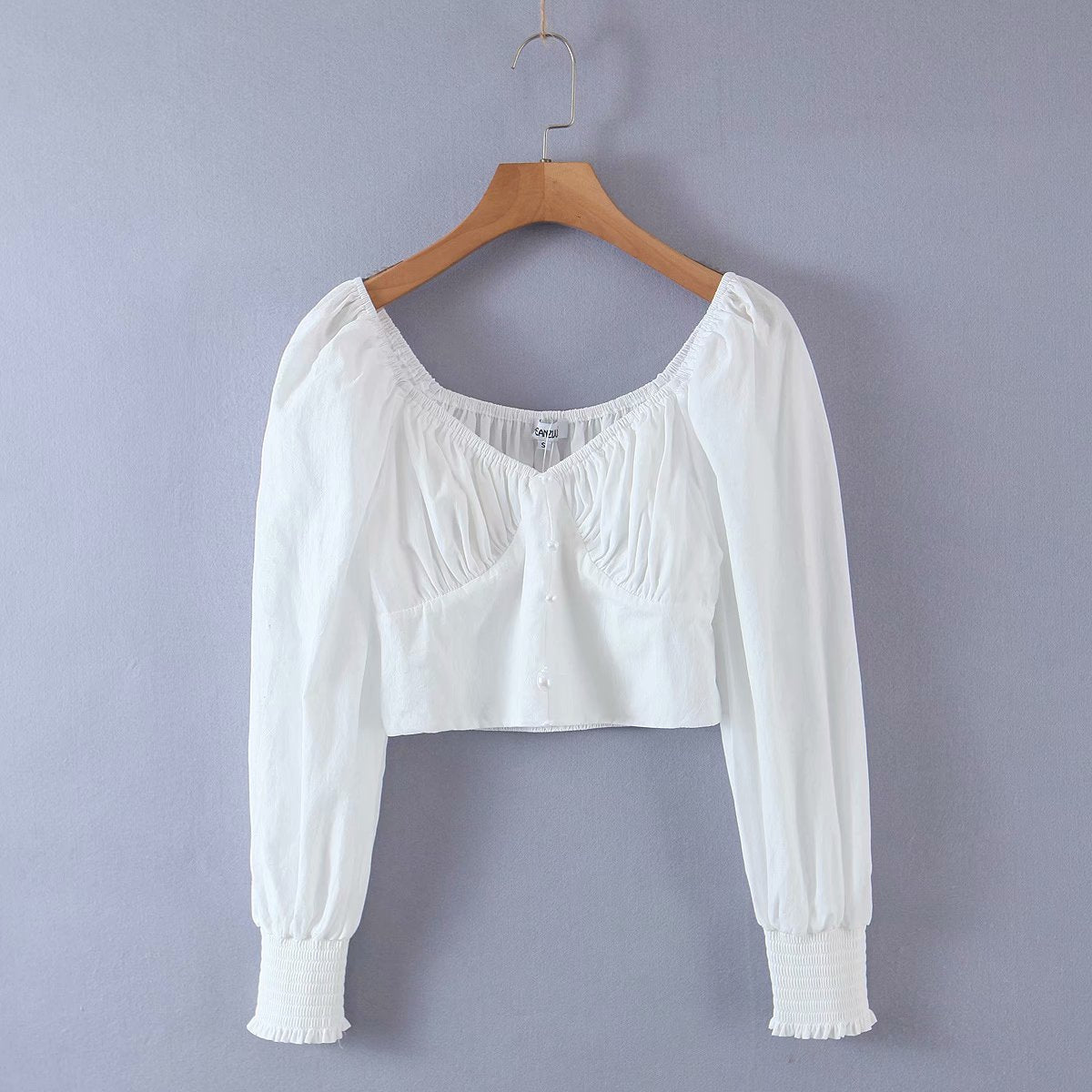flowersverse Autumn New Women's Fashion Retro Style Long Sleeve Back Elastic White Cotton Shirt Short Crop Blouse