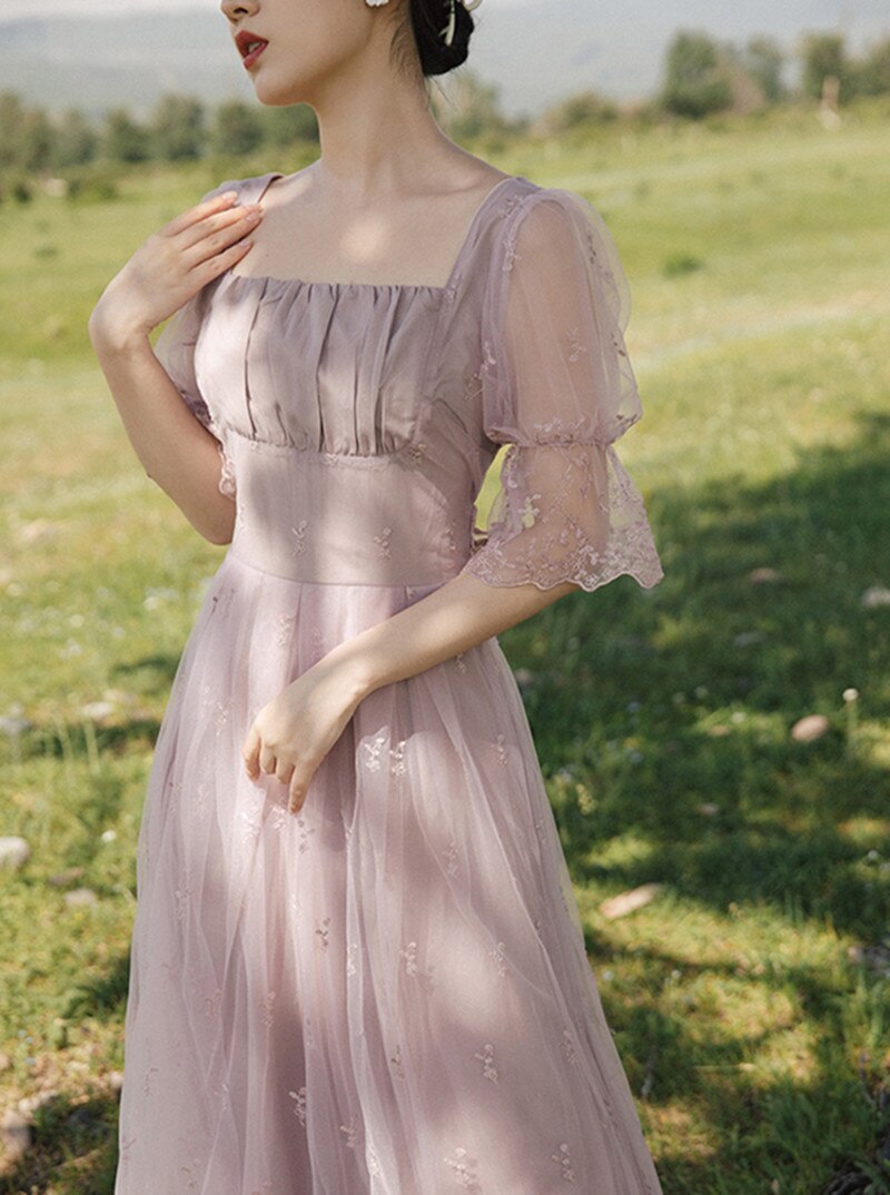 flowersverse Back to school outfit Summer Mesh Lace Fairy Dress Japan Fashion Vintage Light Purple Embroidery Floral Petal Sleeve Elegant Lady Romantic Dresses
