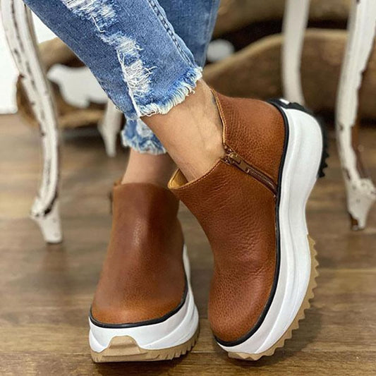 flowersverse Women's Ankle Boots Round Toe Side Zipper White Bottom Ladies Platform Shoes Solid Color Daily Walking Female Casual Shoes