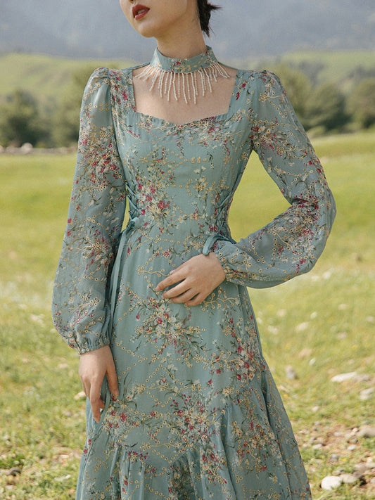 flowersverse Back to school outfit Korean Design Women Chic Dress Vintage Print Floral Beading Bandage Midi Dresses For Elegant Lady Vestido Robe Femme Autumn