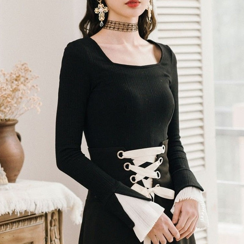 flowersverse Black Vintage Gothic Knitted Sweater Women Ruffles Chic Slim Korean Party Tops Casual Evening Long Sleeve Clothing Autumn