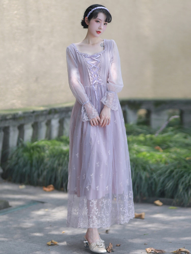 flowersverse Autumn Dress Purple Party Dresses Embroidered Lace Square Collar French Romantic Fairy Dresses Flared Sleeve Sweet Vestido Midi