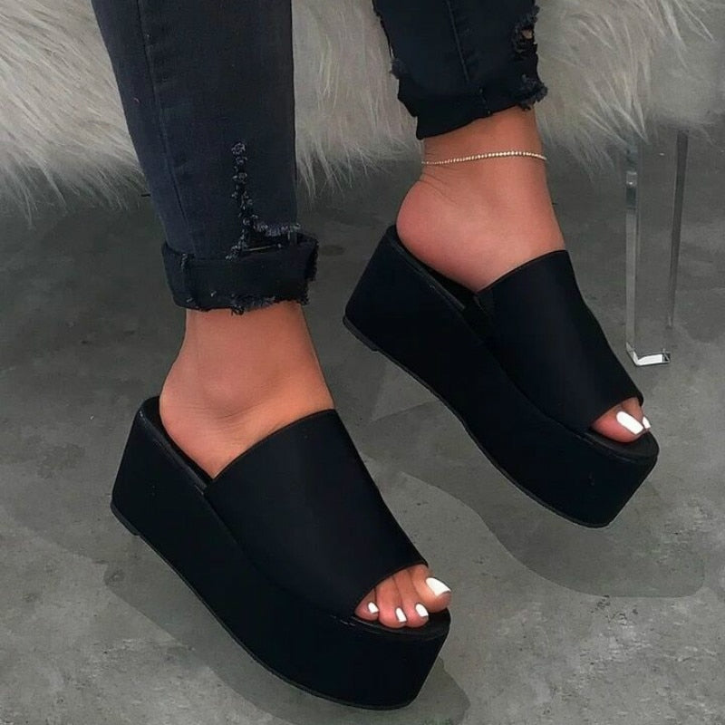 flowersverse High-heeled Women Flatform Slippers Summer New Leopard Print Thick with Slides Women Large Size Shoes Woman Wedges Slipper 0823