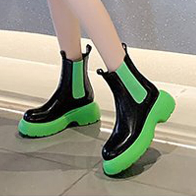 flowersverse Ankle Boots Metal Chain Slip On Thich Platform Short Boots Ladies Mixed Color Autumn Winter Shoes Female Chelsea Fashion