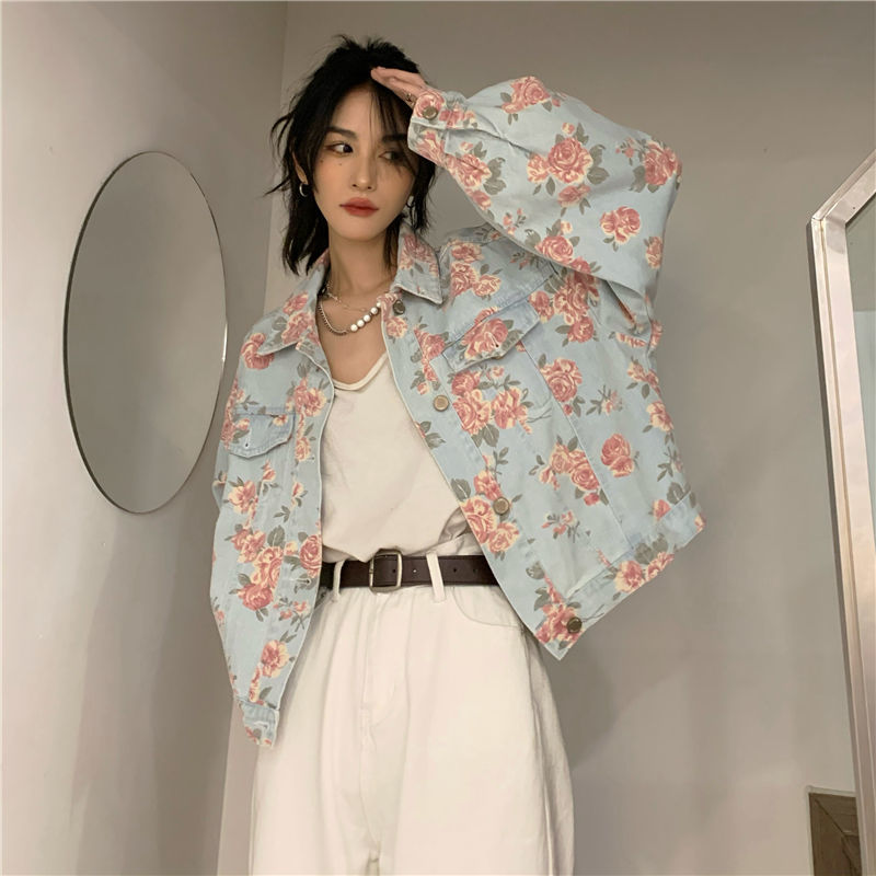 flowersverse Back to school outfit Retro Temperament Floral Denim Jacket Women Short Style Spring Autumn New Flower Print All-Match Single-Breasted Coats