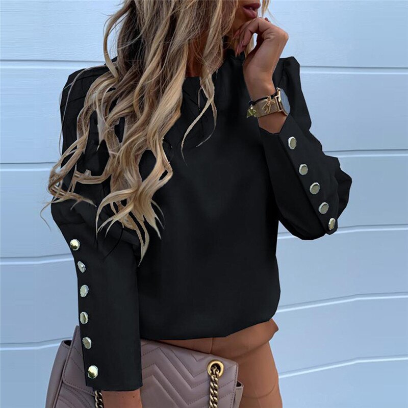 flowersverse Women Long Sleeve Slim Print Buttons Shirt Blouses Tops OL Puff Sleeve Suit Work Formal Business Shirt Blouses Outwear Tops