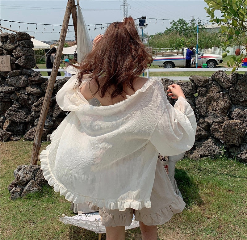 flowersverse Blouses Women Summer Perspective Ruffles Casual Sun-Proof Classy Thin All-Match Korean Style Cozy Womens Top Blusas Cute Trendy