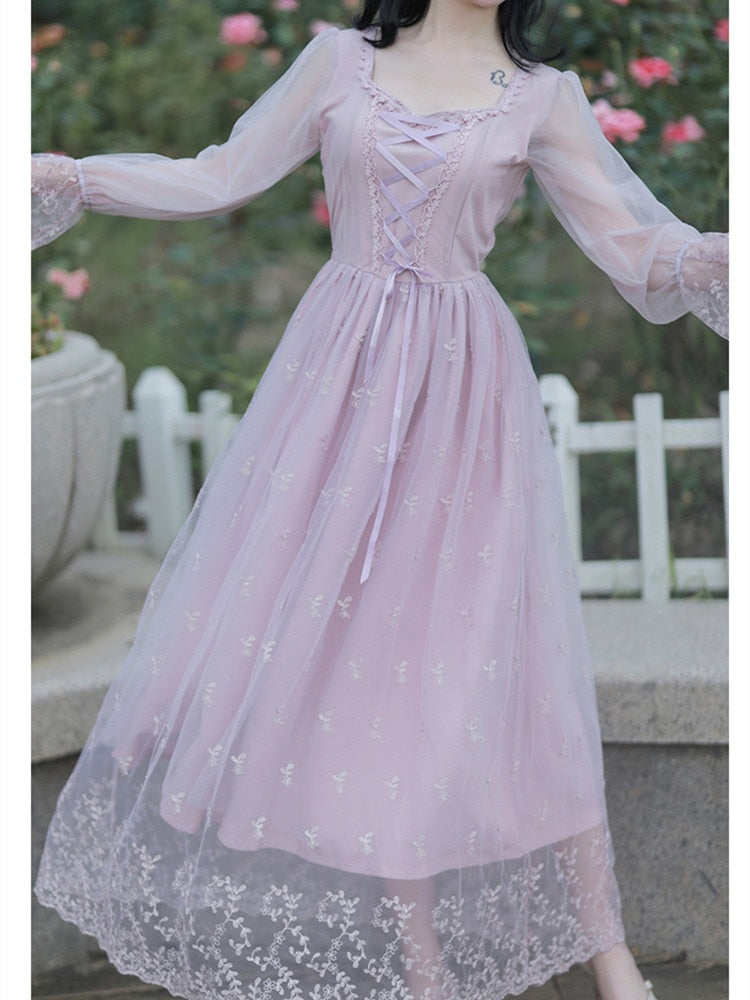 flowersverse Autumn Dress Purple Party Dresses Embroidered Lace Square Collar French Romantic Fairy Dresses Flared Sleeve Sweet Vestido Midi