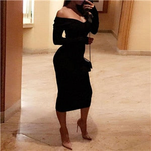 flowersverse Spring Autumn Deep V-Neck Casual Knitted Dress Women Fashion Long Sleeve Sweater Dresses Package Hip Long Dress