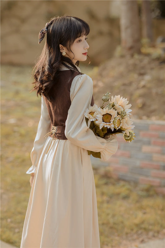 flowersverse Back to school outfit Retro European Style Cow Girl Outfit Cottagecore Long Sleeve Casual Vintage Women Midi Dresses Mori Girl Vestido Mujer