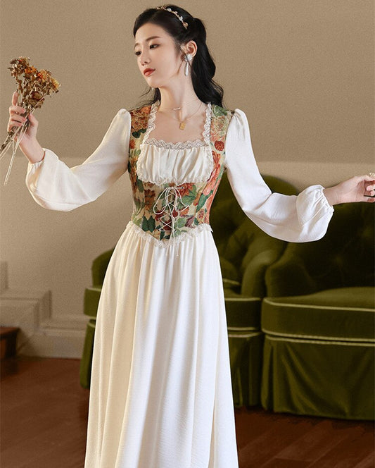 flowersverse Back to school outfit Style Retro Corset Dress Vintage Oil Painting Jacquard Lace Square Collar Bandage Princess Dresses Royal Vestido Festa