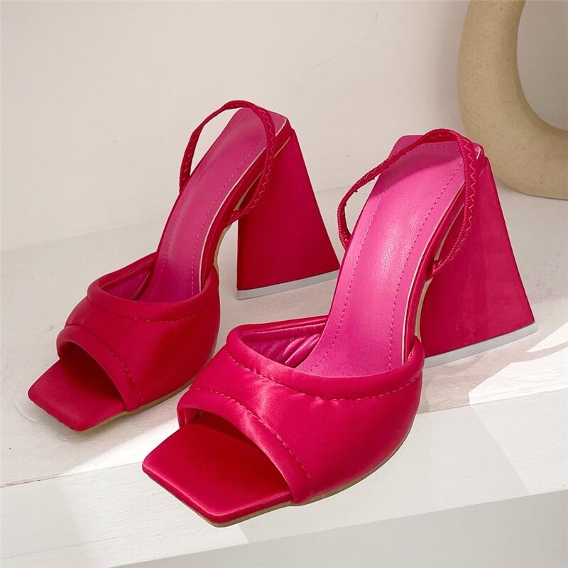 flowersverse Women Design 11cm High Heels Slides Mules Summer Silk Thick Block Heels Sandals Slingback Orange Slipper Party Chunky Shoes
