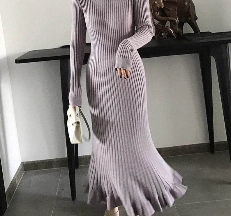 flowersverse autumn winter thick mermaid maxi sweater dress women o-neck long sweater dress elegant female a-line slim sexy knit dress