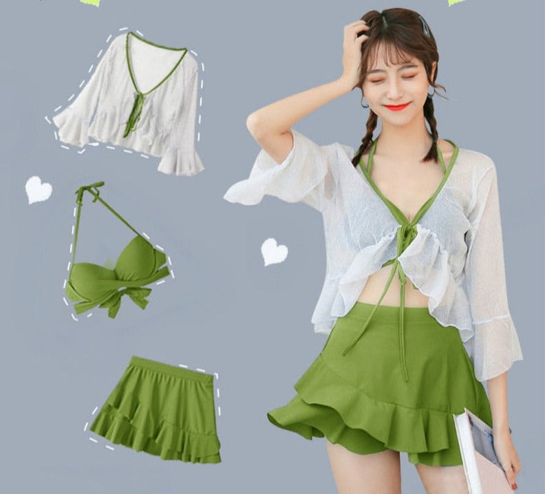 flowersverse 3 Piece Bikini Set Korean Cute Swimsuit Women Underwire Ruffle A-Line Skirt High Waist Bikini Cover Up See Through Bikinis