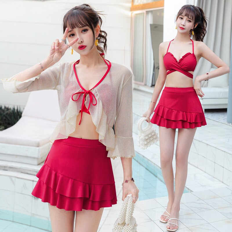 flowersverse 3 Piece Bikini Set Korean Cute Swimsuit Women Underwire Ruffle A-Line Skirt High Waist Bikini Cover Up See Through Bikinis