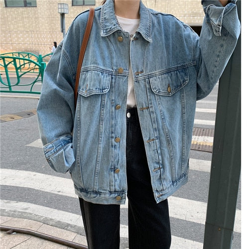 flowersverse Back to school outfit Woman Denim Coat Autumn New Ins Fashion Loose Turn Down Collar Single Breast Pockets Stitching Versatile Female Jacket