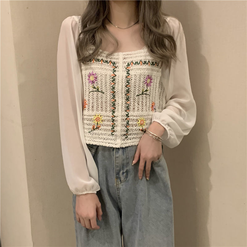 flowersverse Blouse Women Print Casual Simple Hollow Out Teens Square Collar Daily Vintage Harajuku Crop Chic Comfortable College Loose New