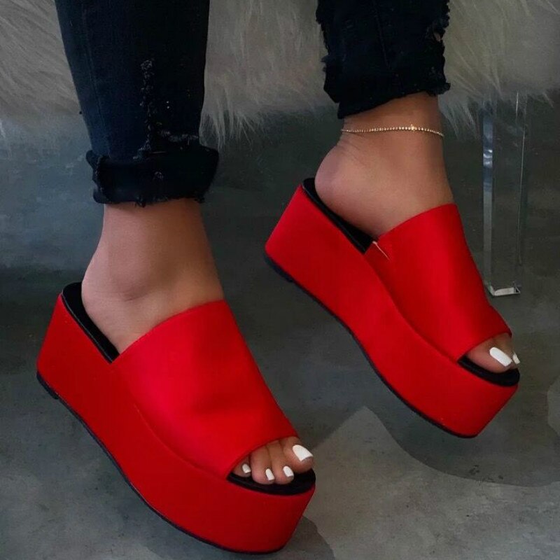 flowersverse High-heeled Women Flatform Slippers Summer New Leopard Print Thick with Slides Women Large Size Shoes Woman Wedges Slipper 0823