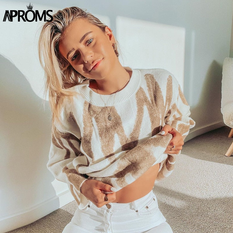 flowersverse Aproms Korean Fashion Khaki Stripes Print Loose Sweaters Women Winter Hip-Pop Oversized Long Pullovers Streetwear Outerwear K23