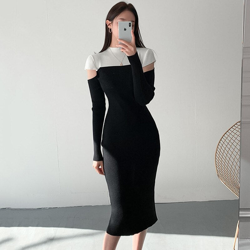 flowersverse Back to school outfit Women Dresses Winter Autumn Korean Chic French Elegant Shoulder-Hollowed Contrasted-Color Female Knitted Vestidos