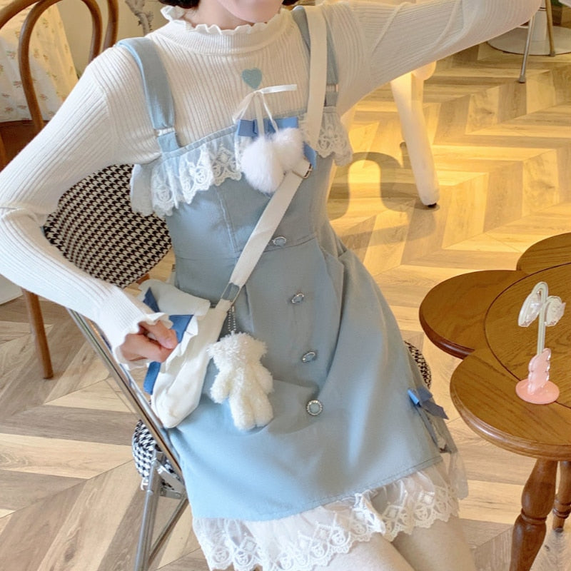 flowersverse Blue Lolita Kawaii Strap Dress Women Japanese Lace Patchwork Sweet Mini Dress Female Korean Split Bow Designer Cute Dress