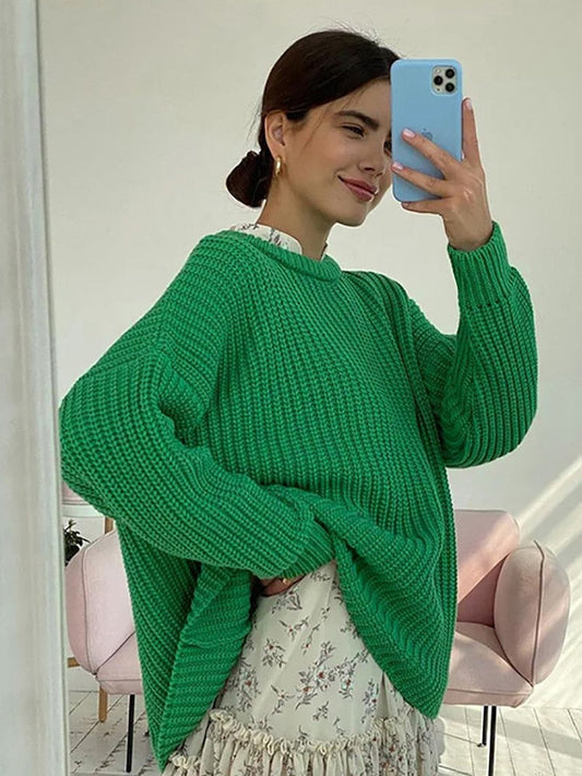 flowersverse Autumn Winter Women Sweater Solid Knitted Thick Oversized Basic Pullovers Female Round Neck Long Sleeve Casual Loose Clothes Top